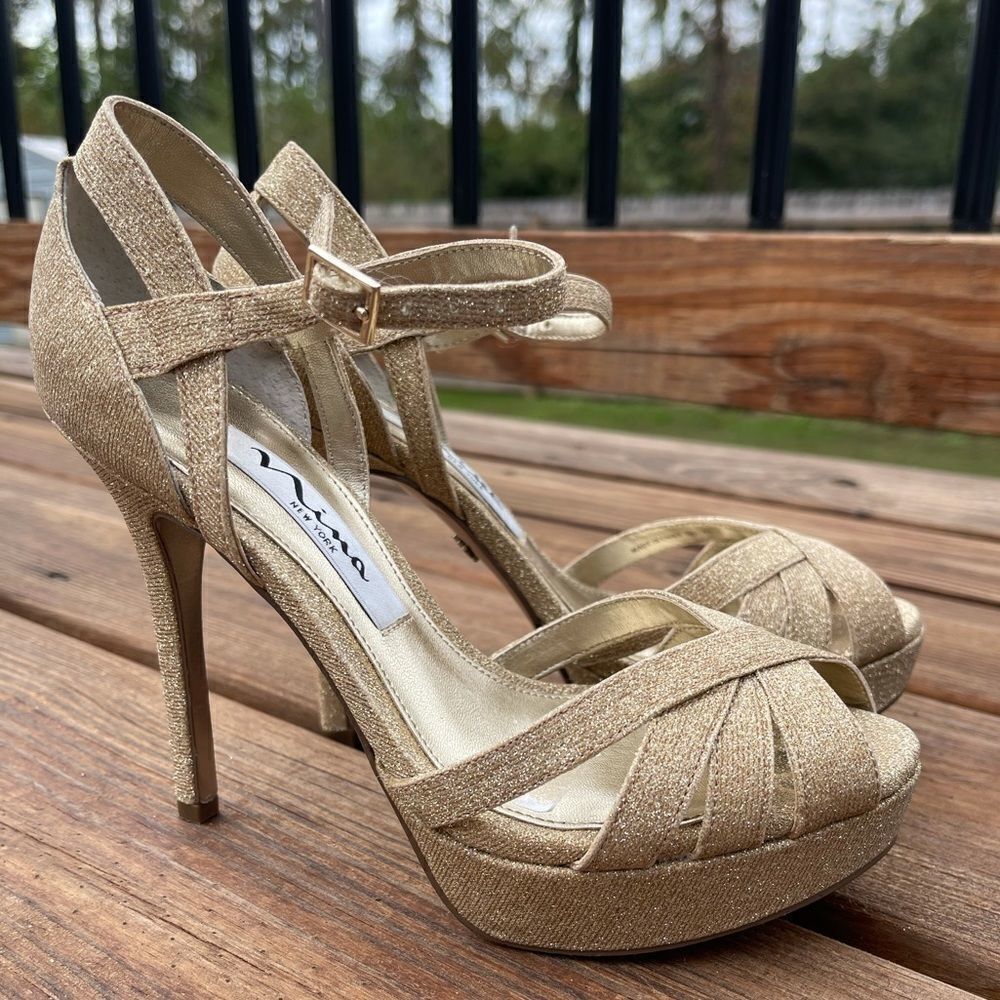 Nima New York gold shimmer platform heels